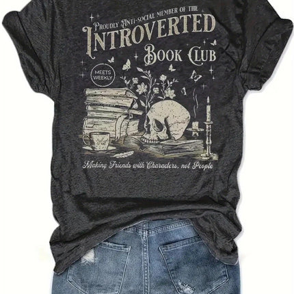 Ladies' Black Pattern Printed T-shirt - "Introverted But Dangerous" Book Club Design, Soft Round Neck Short Sleeve Casual Top