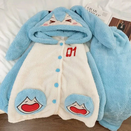 Hatsune Miku Cartoon Animation Peripherals Cute Coral Velvet Long-Sleeved Hooded Pajamas Winter Thickened Warm Home and Outing Set