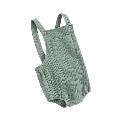 Pudcoco Baby Cotton Linen Suspender Overalls, Solid Color Sleeveless Square Neck Romper Outfit for Boys Girls 0-24M