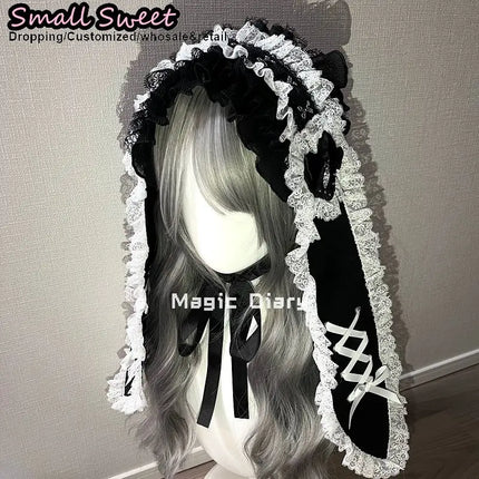 Women Subcultural Y2K Girl Long Eared Rabbit Doll Lace Up Headband Gothic Lolita Hair Clip Lace Ruffle Bunny Band