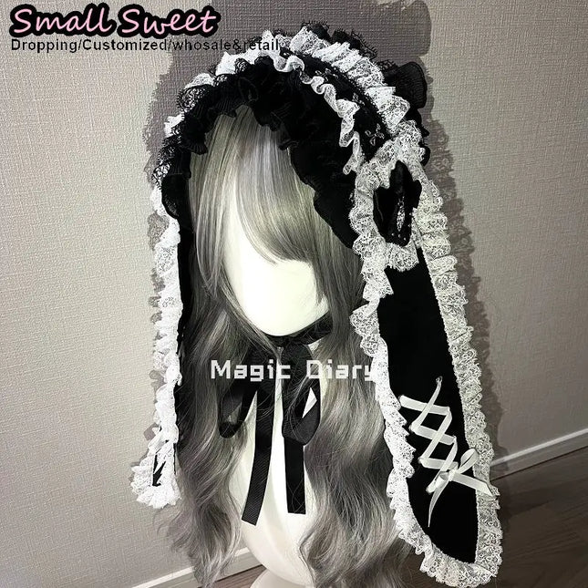 Women Subcultural Y2K Girl Long Eared Rabbit Doll Lace Up Headband Gothic Lolita Hair Clip Lace Ruffle Bunny Band