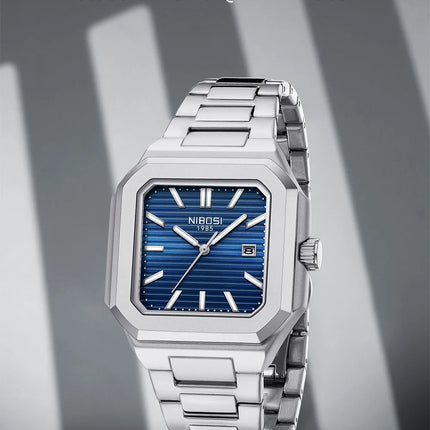 NIBOSI Luxury Square Fashion Men's Wristwatch Waterproof Luminous Date Week Quartz Men's Watches Stainless Steel Men's Watch Reloj