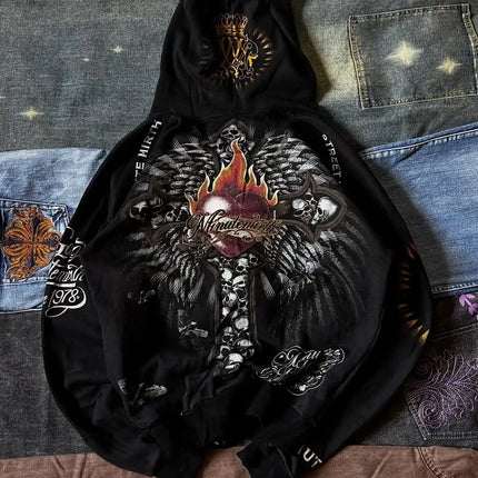 Y2K Harajuku Affliction Hoodie Retro Wing Pattern Printing Oversize Zipper Coat Men Women Hip Hop Personality Casual Sweatshirt