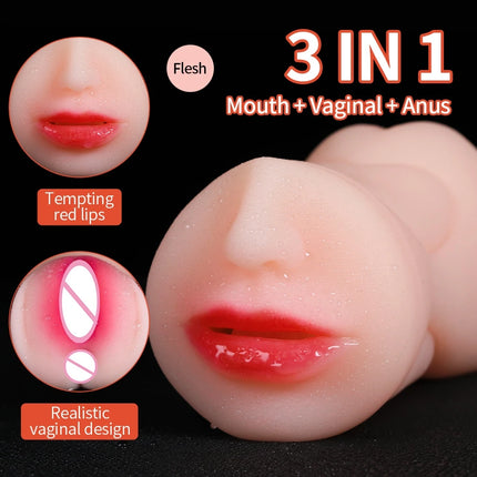 Male Masturbator Soft Rubber Realistic Texture Oral Deep Throat Stimulator  Mouth/Vagina/Anal 3 Channel Adult Sex Toys for Men