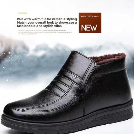 Men's Winter Thickened High-Top Cotton Shoes Warm Fleece Lined Leather Boots Anti-Slip Comfortable for Elderly And Dad