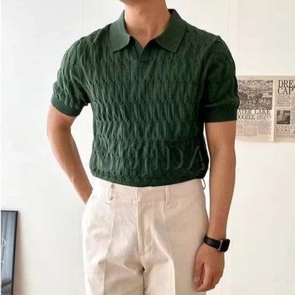 Men's Knit Polo Shirt Summer Short Sleeve V-Neck Slim Fit Business Casual Top Youth Elastic Korean Street T-Shirt