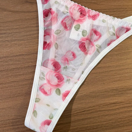 French Romantic Pink Rose Print Sheer Mesh Lingerie Set Heart Cutout Underwire Bra & Thong