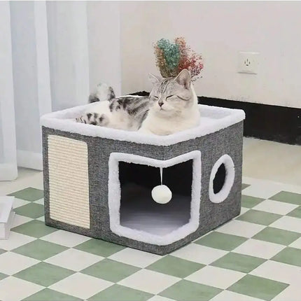 4-Season Multi-Level Cat House: Foldable Indoor Play Cube with 2-Layer Bed, Toy Tunnel, Scratching Board, Climbing Rope, Soft Cushions, and Non-Slip Base - Perfect Cat Cave & Warm Bed for Small to Large Cats (Grey）