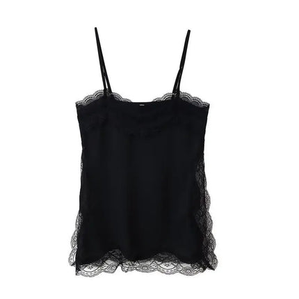 Women Lace Patchwork Sling Top Sexy V-neck Sleeveless Side Split Solid Color Vest 2025 New Summer Lady Party Vacation Tops