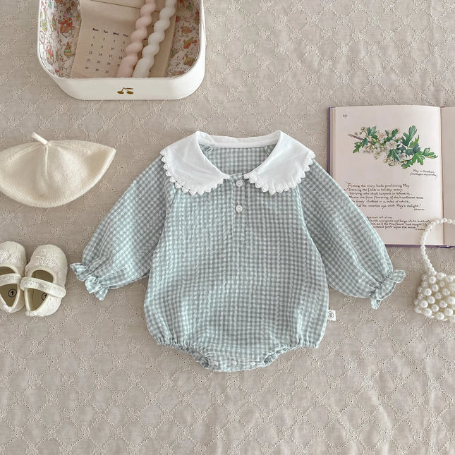 Ready Stock Newborn Jumpsuit Baby Girls Peter Pan Collar Drawstring Long Sleeves Elegant Check Romper 0-2yrs