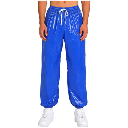 Mens Shiny Y2K Drawstring Jogging Pants Waterproof Elastic Waistband Side Pockets Track Baggy Glossy Pants Hip Hop Trousers
