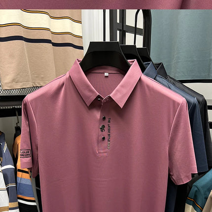 High End Brand New Summer Solid Color Silk Cotton High-quality Short Sleeved Polo Men's Fashionable Business Seamless Casual Top