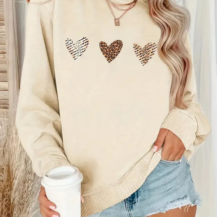 Hooded Leopard Heart Print Pullover Casual Long Sleeve Crew Neck Sweatshirt for Autumn and Winter Women Graphic Retro Y2K Top