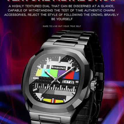 BINBOND Creative TV Dial Men's Watches New Fashion Original Retro Design Luminous Quartz Wristwatch For Men With Calendar Week
