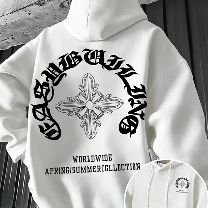 Gothic Letter Cross Pattern Men's Hoodie with Vintage Print, Loose Fit, Suitable for Autumn Winter with A Hooded Pullover Design