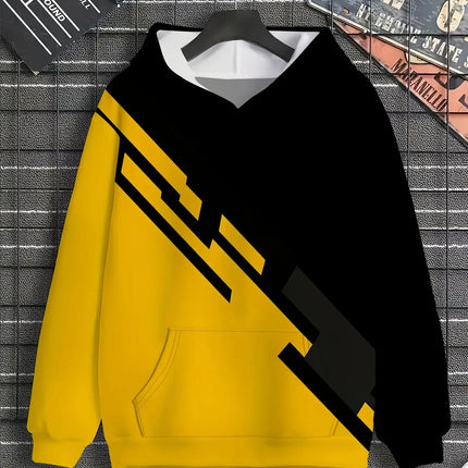 Men's Stylish Color-Blocked Hooded Sweatshirt | Trendy Black & Yellow Sportswear for Fall/Spring | Fashion Loose Fit Casual Top