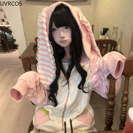 Japanese Kawaii Lolita Zipper Hoodies Women Sweet Pink Stripe Rabbit Ears Hooded Coats Grunge Hoody Y2k Strawberry Sweatshirts