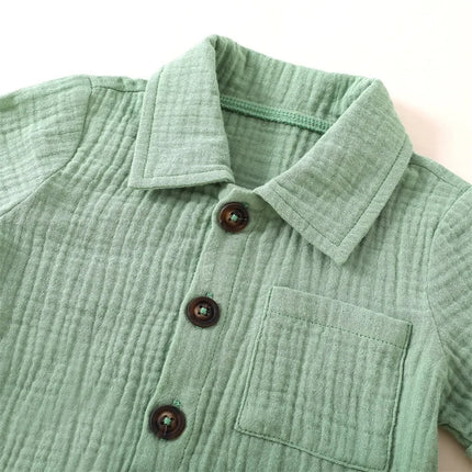 Cotton Linen Casual Toddler Baby Boys Summer Outfits Solid Short Sleeve Pocket Button Down Lapel Shirt + Shorts 2PCS Clothes Set