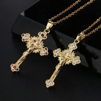Religion Jesus Cross Pendant Necklace For Women Men Shiny Rhinestone Gold Color Chain Simple Design Hip Hop Party Jewelry