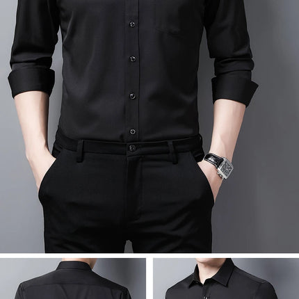 6XL Men Shirt Long Sleeve Slim Fit Luxury Smooth Soft Anti-wrinkle Non-ironing Solid Color Ice Silk Shirts Men Long Sleeve