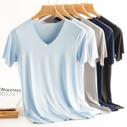 Summer Seamless Breathable Ice Silk T-Shirt Fashion Vest Men's Sports Short Sleeve T-shirt Ice Silk Solid Color V-neck Tees