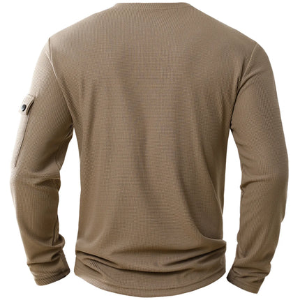 Men's New  Button Henley neck Shirt Long Sleeve Casual Button Solid color T-Shirt Fashion Waffle Cotton Fake two-piece T-Shirt