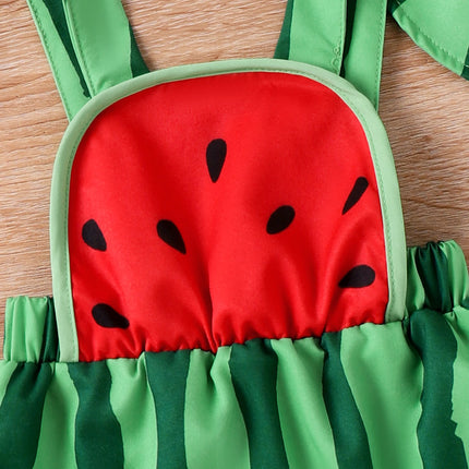 Cute Baby Girl Summer Outfits Elastic Waist Square Neck Sleeveless Romper Watermelon Print Hat Infant Bodysuits Costume
