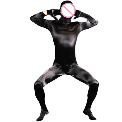 Men Body-Shaping Clothing Shark-Skin PU Shapewear Jumpsuit Faux Leather All-In-One Bodysuit Fully Covered Cosplay Zentai Leotard