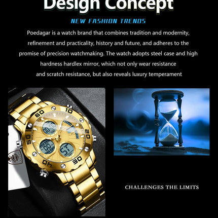 POEDAGAR Functional Men's Quartz Wristwatch Electronic LED Alarm Dual Display Male Clock Waterproof Sports Watches For Men Reloj