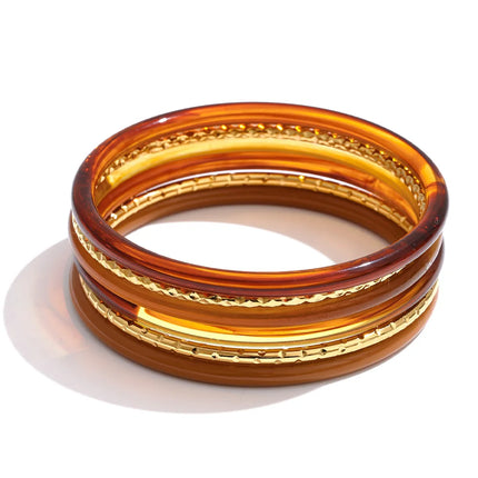 Yhpup 1Set 2026 Multi-Color Resin Layered Round Stacking Bracelet Bangle Spring Style Stainless Steel Fashion Jewelry Waterproof