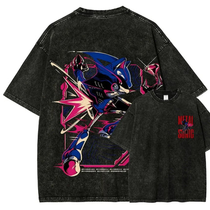 Classic Anime Manga Games Sonic Peripherals Print T-shirts Fashion Loose Casual Oversized Tee Men Women Retro Washed Cotton Tops