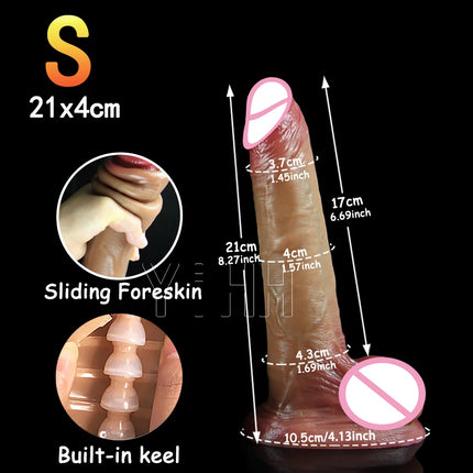 Skin-sliding foreskin dildo. Realistic dildos for women, anal-vaginal stimulation, long fake penis butt plug sex toys for women.