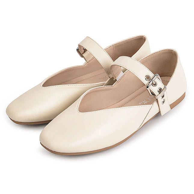 Mary Jane Shoes Female Genuine Leather  V-Cut Snap Ballet Shoes Women Square Toe Flat Cowhide Ladies Shoes