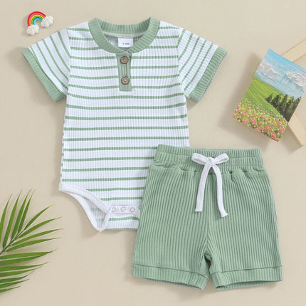 Pudcoco Infant Baby Girl Boy 2Piece Outfits Summer Striped Short Sleeve Romper Elastic Shorts Set Toddler Newborn Girl Boy 0-18M