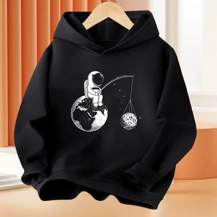 Boys 3-14Year Cartoon Space Astronaut Fishing The Moon Long Sleeve Hoodie Children Funny Tops Kids Cotton Basic Coat