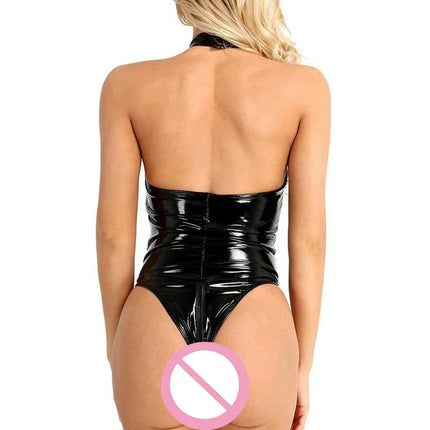 PU Leather Backless Zipper Crotchless Bodysuit Underwear Women Sexy Lingerie Porn Erotic Sensual Costumes Catsuit