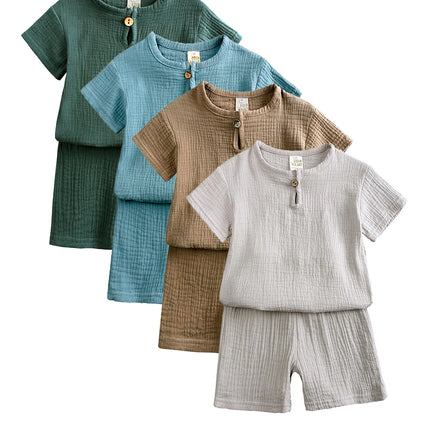 8-Piece Set Children's Clothing Boys & Girls Short Sleeve Summer Style Set Children's Cotton-Linen Button T-Shirt Shorts
