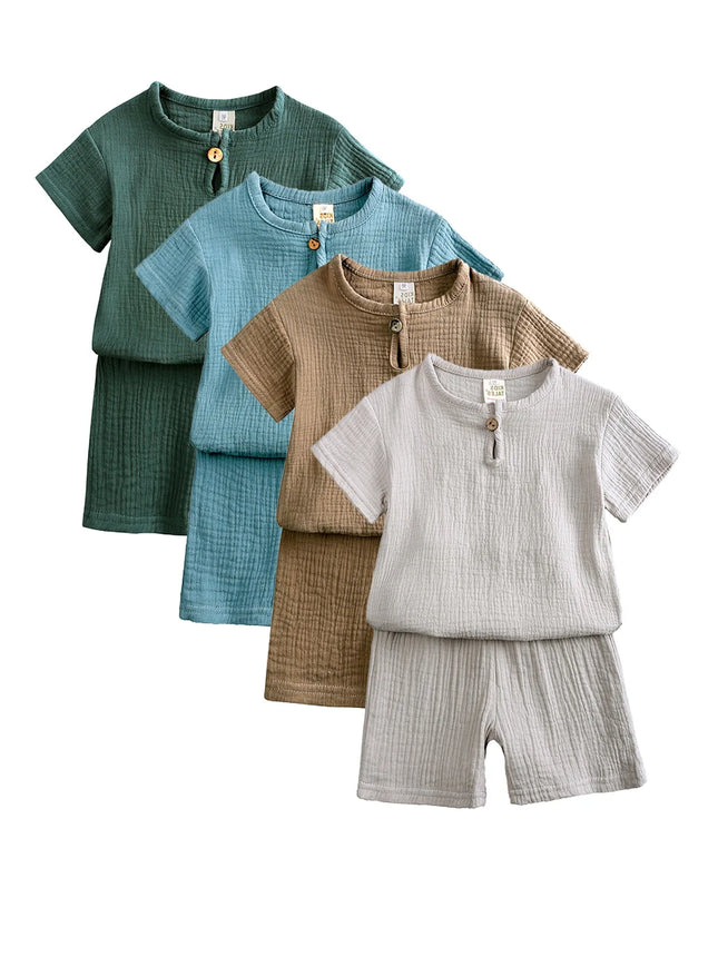 8-Piece Set Children's Clothing Boys & Girls Short Sleeve Summer Style Set Children's Cotton-Linen Button T-Shirt Shorts