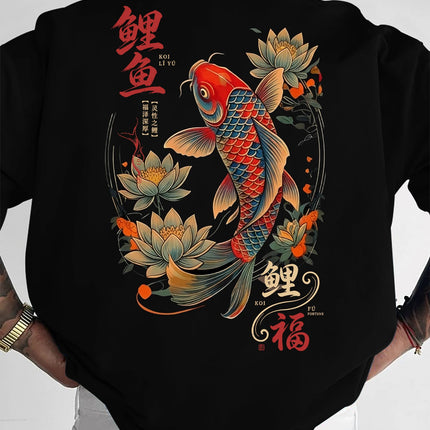 New Men's Koi Fish Fortune T-Shirt Japanese Lotus Print Streetwear Crew Neck Short Sleeve Polyester Tops S-XXL
