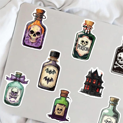 50PCS Potion Stickers Magic Skull Bat Potion Sticker for Halloween Magic Medicine Bottle Stickers Waterproof for Water Bottles