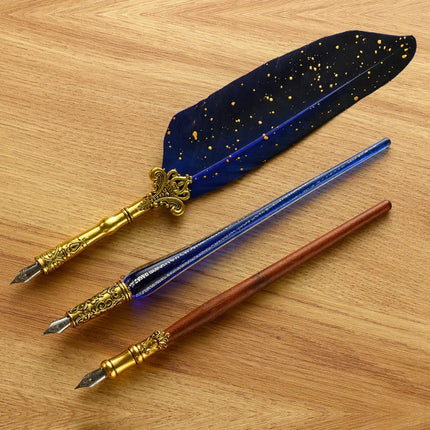 Luxury Fountain Pen Set, Retro Sprinkling Feather Pens Calligraphy Writing Dip Kit with Wax Seal Stamp & Replace Nibs, Gift Box