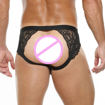 Sexy Men Lace Jockstrap Open Butt Panties Breathable Sissy Exotic Underwear G String Thong Low Waist Bulge Pouch Male Lingerie