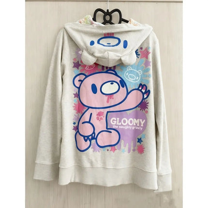 Y2K Vintage Subculture Kawaii Coat Cartoon Bear Graphic Loose Hoodie Women Bear Ear Coat Autumn Winter Casual Streetwear Outfit