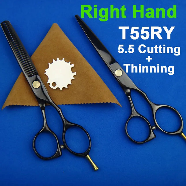 Japan 440C Titanium Qlating Barber Professional Scissors for Hairdresser 5.5 / 6.0 Cutting Thinning Black Hair Scissor Shears