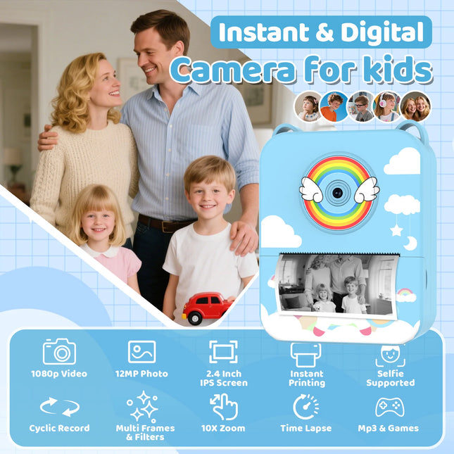 Kids Camera Digital Children Camera Instant Print Photo Video Recorder Toddler Mini Thermal Printer Birthday Gifts Cute Unicorn