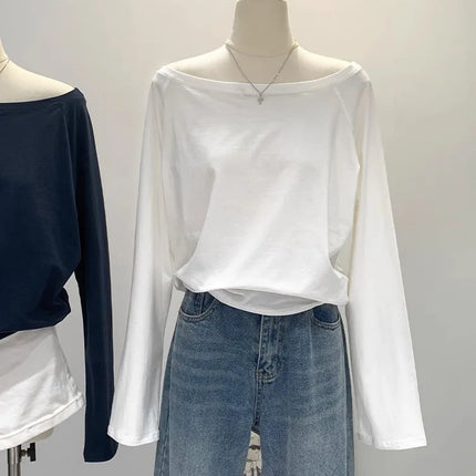 One Shoulder Cotton Slant Shoulder Long Sleeve Women's Interior-Style Wide Truffle Shoulder Base Autumn Winter Shirt