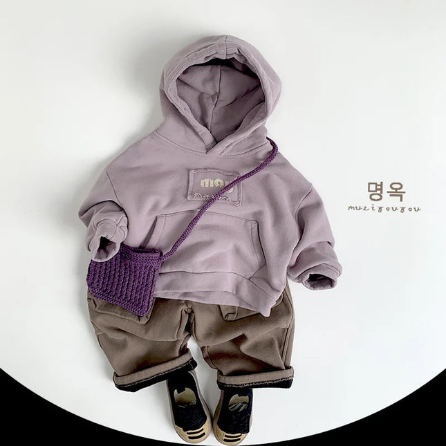 2025 Winter New Children Hooded Fleece Sweatshirt Cotton Boys Girls Versatile Tops Plus Velvet Thick Kids Casual Letter Hoodie