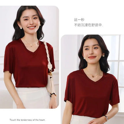 2026 Summer New Women's T-shirt V-neck Knitted Women's Short Sleeve High end Acetate Fiber White Fashion Women's Top