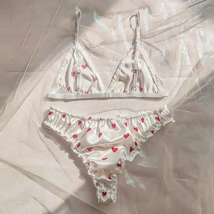 Sexy Cute Satin Heart Print Bra Set For Girls Women Strap Lingerie Summer Wire Free Lingerie Underwear Two Piece Female Bra Set