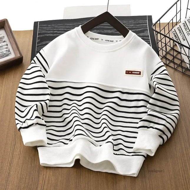 Children's Sweatshirt Spring Autumn Kids Boys' Half-zipper Sweatshirt Striped Lapel Middle and Big Children's Round Neck Tops